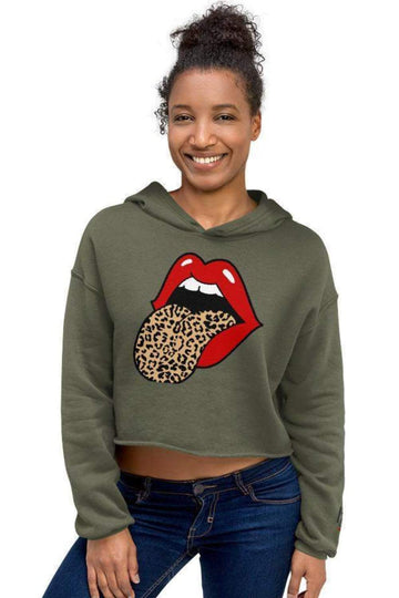 Women's Leopard Lip Crop Hoodie-apparel,black,drawstrings,fashion,hoodie,hoodies,military green,peach,raw hem,storm,woman,women