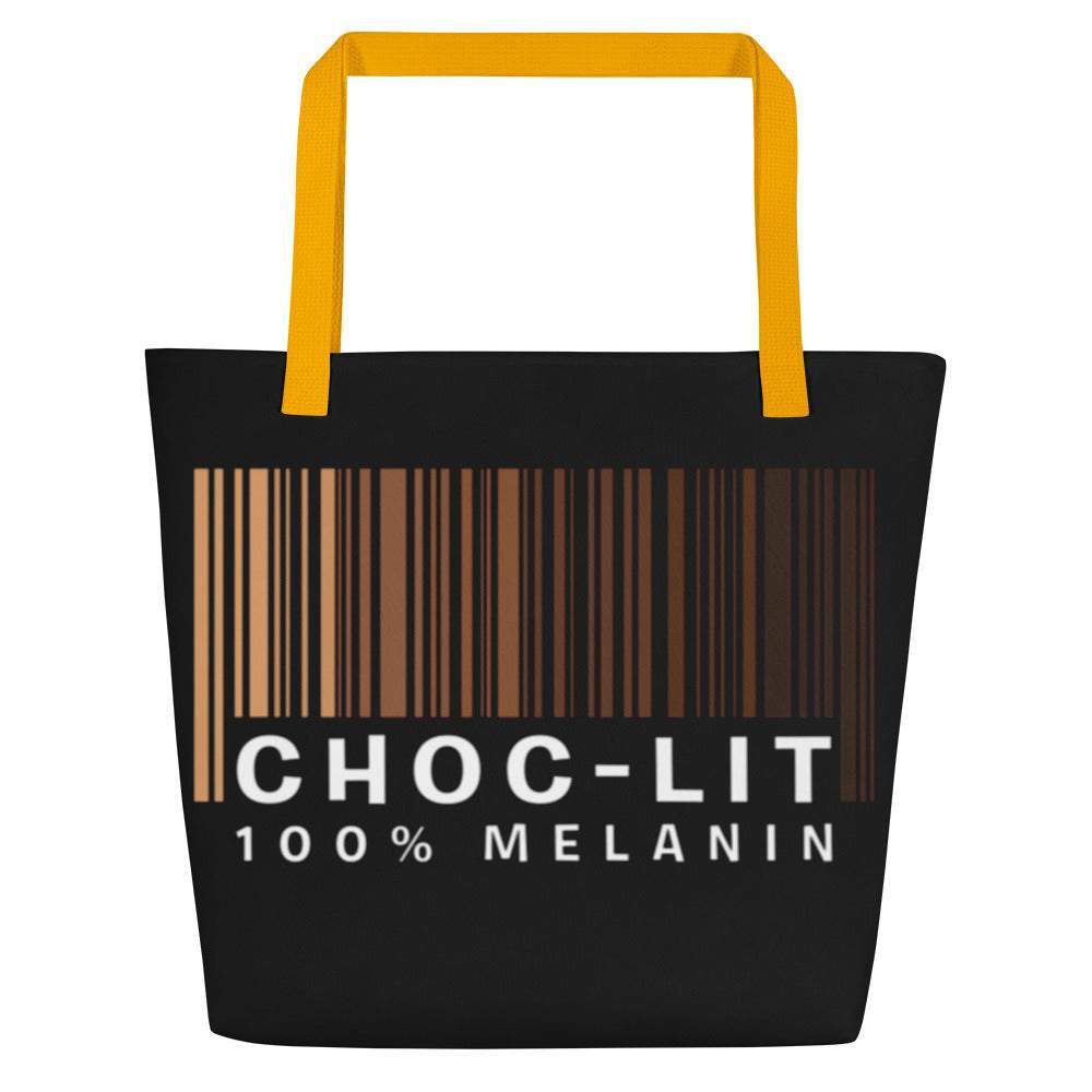 choc-lit-100%-melanin-large-black-tote-bag-with-shades-of-brown-in a-barcode-and-choc-lit-spelled-out-under-it-black-women-fashion-handbag-weekend-travel-bag-my-beyoutiful-boutique