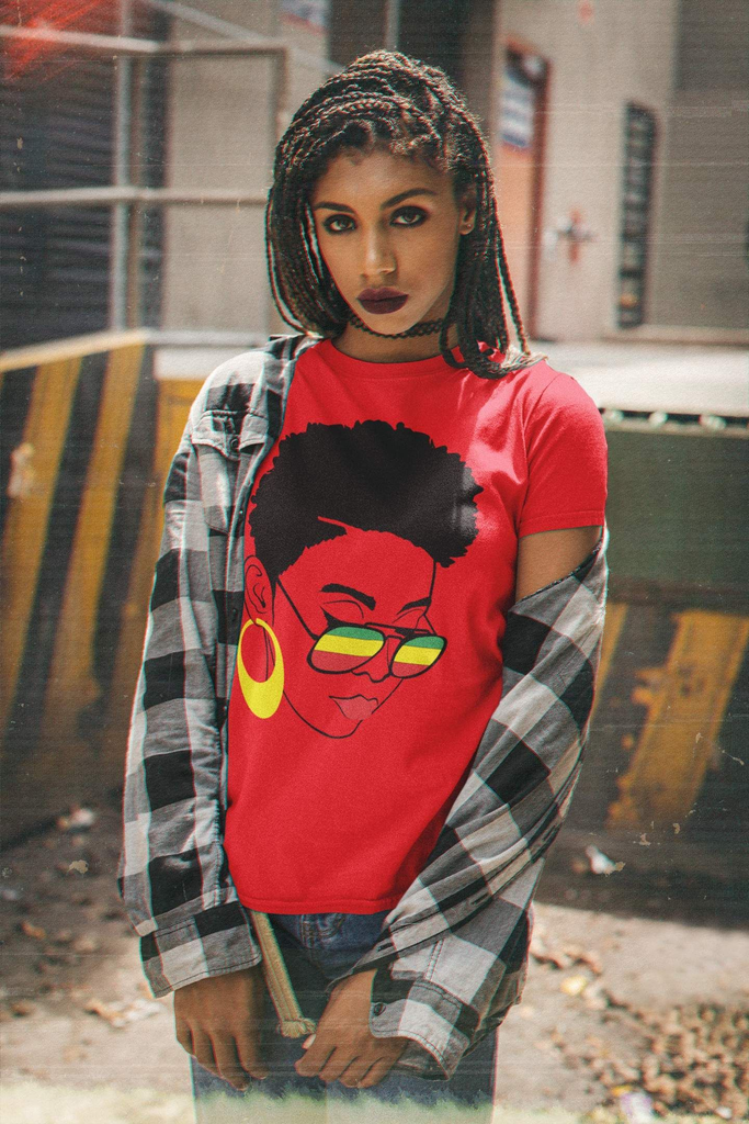 red-african-american-woman-with-hoops- and-shades-short-sleeve-graphic-tee-woman-fashion-apparel-my-beyoutiful-boutique