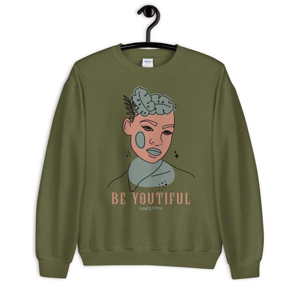 military-green-crew-neck-woman-face-graphic--sweatshirt-be-youtiful-woman-fashion-apparel-my-beyoutiful-boutique