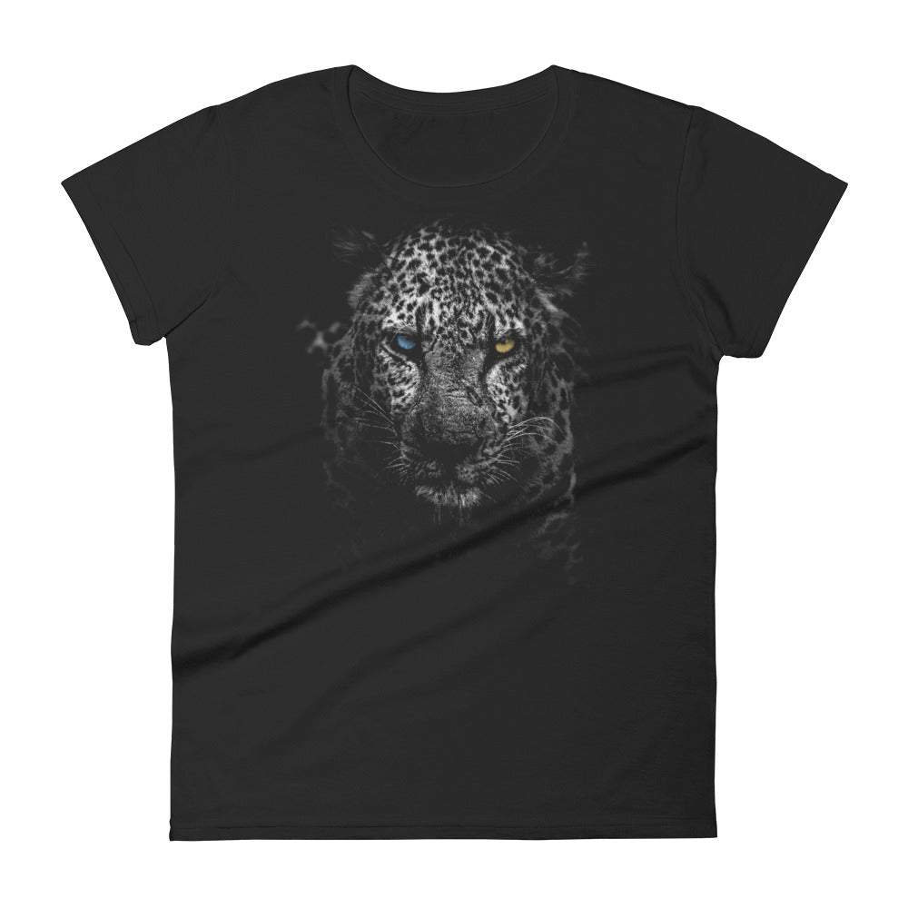 black-womens-tshirt-with-white-leopard-with-blue-and-yellow-eyes-fashion-tops-my-beyoutiful-boutique