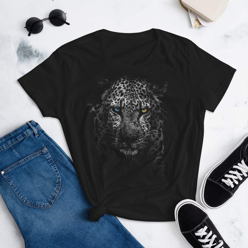 black-womens-tshirt-with-white-leopard-with-blue-and-yellow-eyes-fashion-tops-my-beyoutiful-boutique