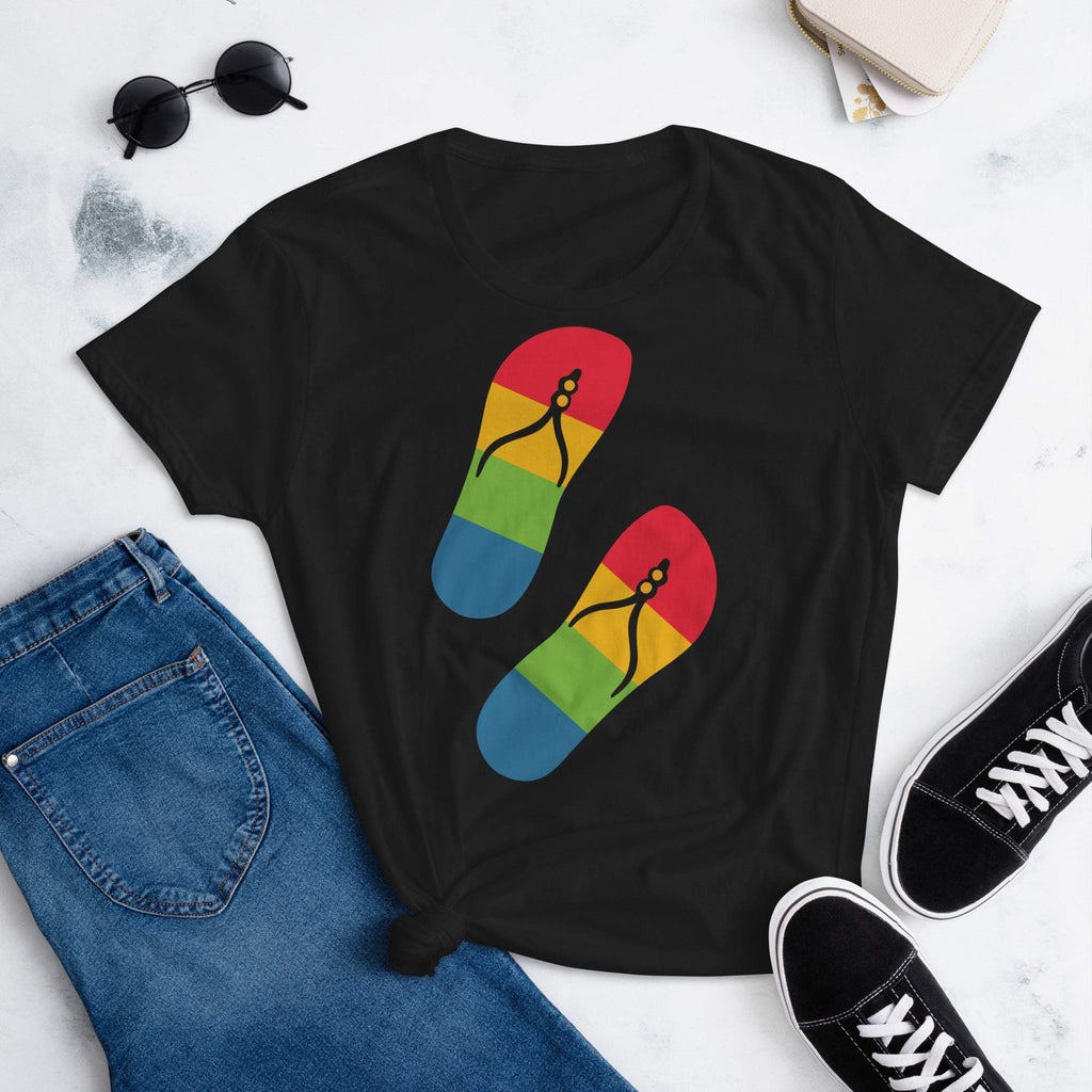 black-womens-graphic-tshirt-with-rainbow-beach-flip-flops-womens-clothing-tops-my-beyoutiful-boutique