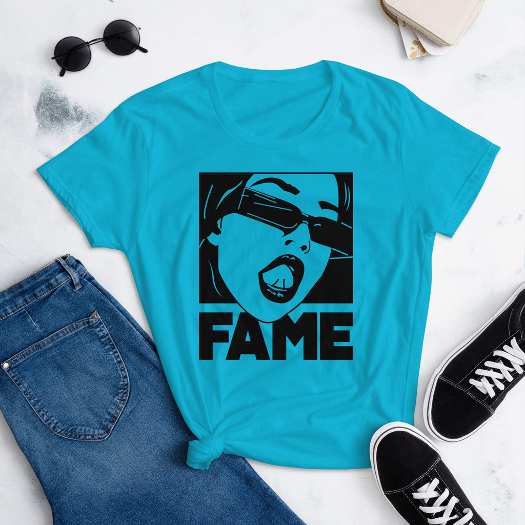 carribbean-blue-womens-tshirt-with-a-animated-women-with-the-text-fame-under-her-women-fashion-clothing-tops-my-beyoutiful-boutique