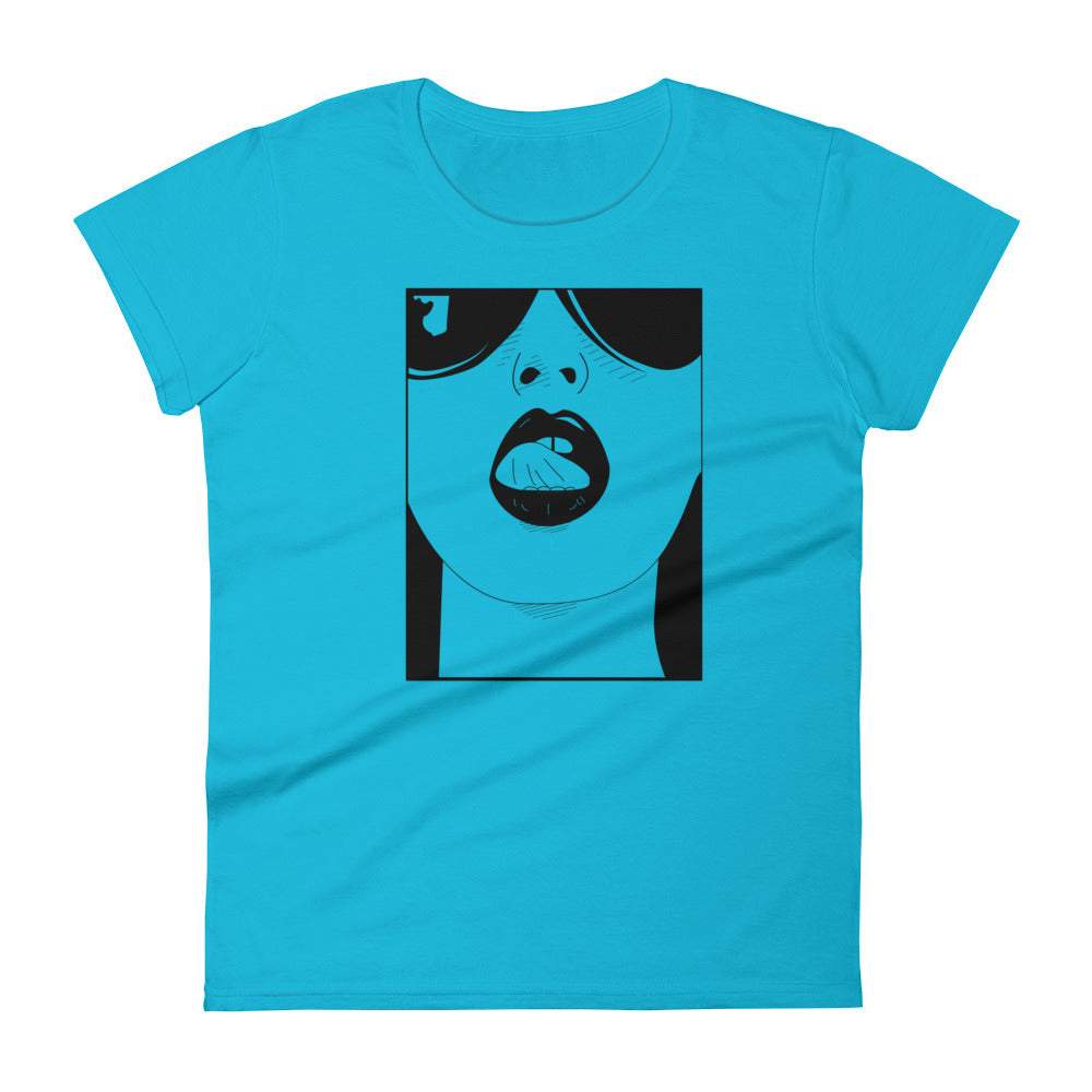 blue-womens-graphic-tshirt-with-a-animated-women-with-sunglasses-rolling-her-tongue-around-her-lips-within-a-square-design-women-fashion-clothing-tops-my-beyoutiful-boutique