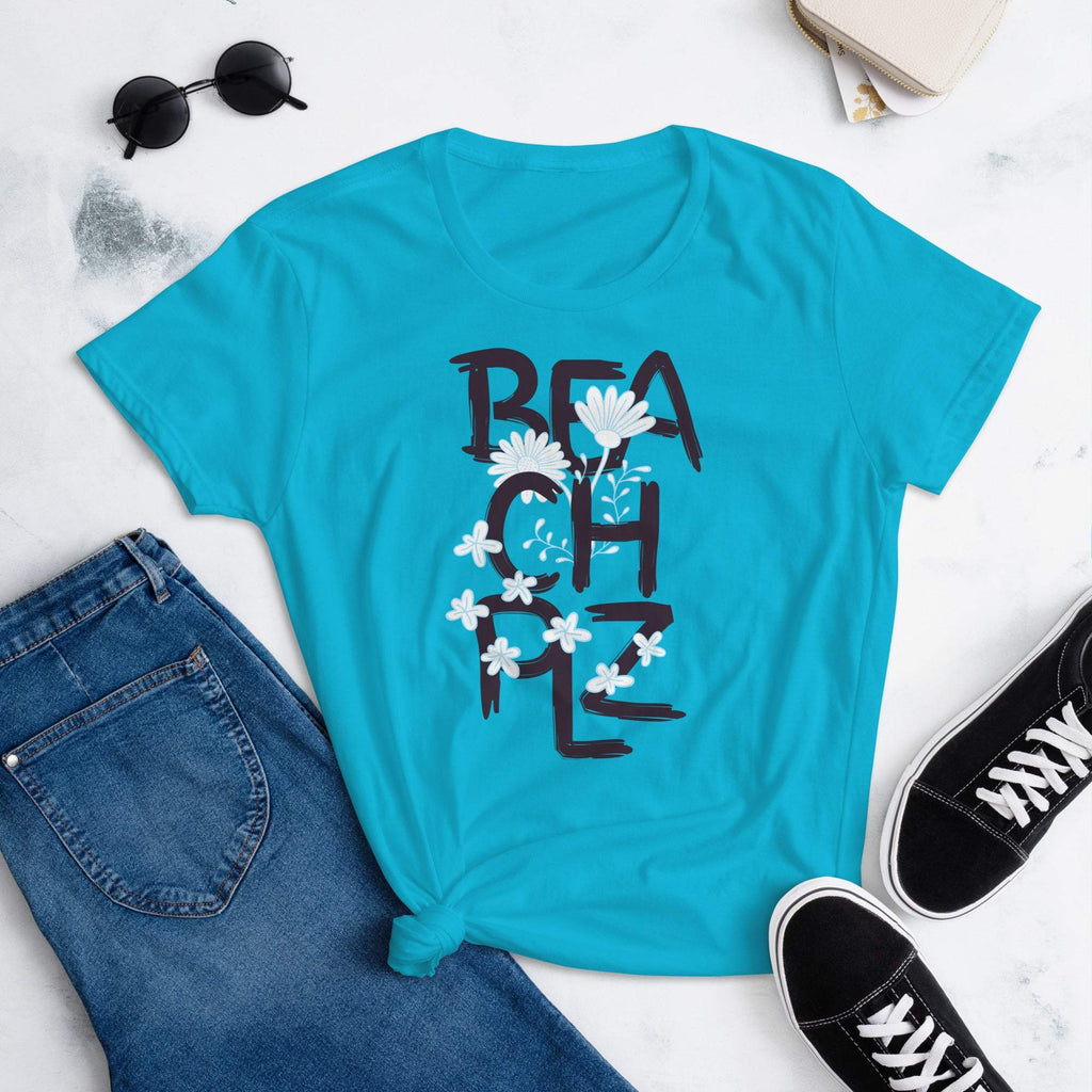 blue-womens-summer-tshirt-with-beach-plz-in-black-text-with-light-blue-flowers-between-the-text-fashion-tops-clothing-my-beyoutiful-boutique