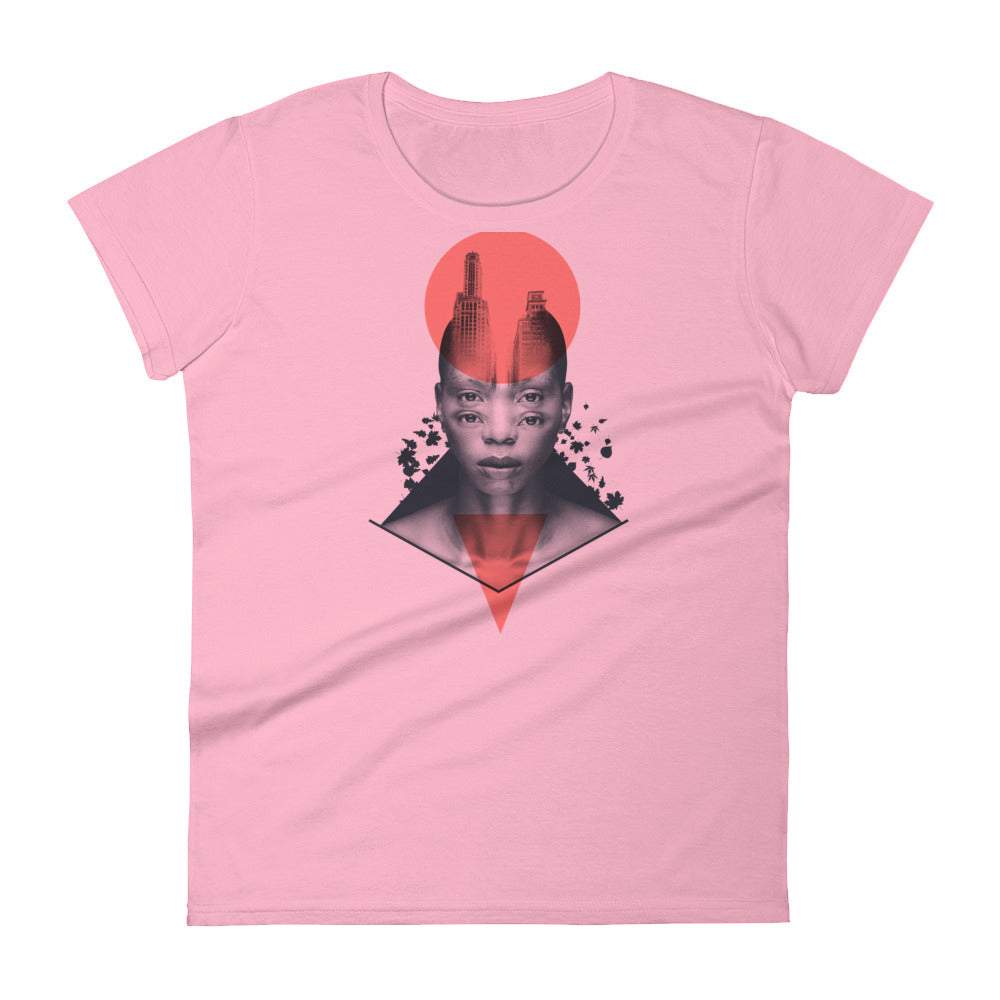 pink-womens-tshirt-with-a-black-and-white-image-of-a-black-woman-with-two-sets-of-eyes-behind-two-geometric -circle-triangle-women-clothing-tops-my-beyoutiful-boutique