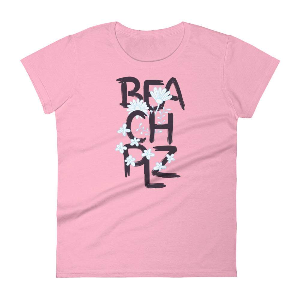 pink-womens-summer-tshirt-with-beach-plz-in-black-text-with-light-blue-flowers-between-the-text-fashion-tops-clothing-my-beyoutiful-boutique