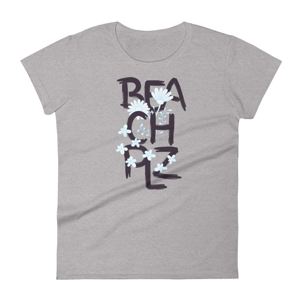 grey-womens-summer-tshirt-with-beach-plz-in-black-text-with-light-blue-flowers-between-the-text-fashion-tops-clothing-my-beyoutiful-boutique