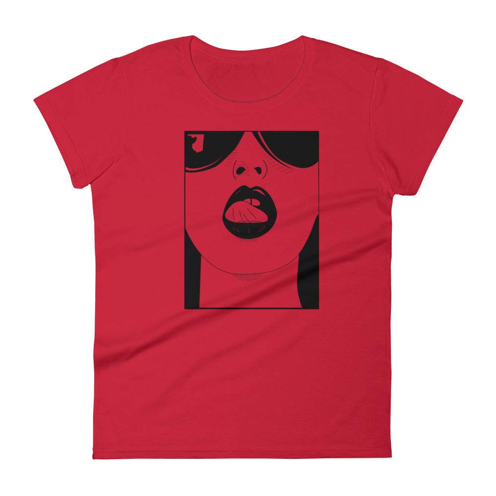 red-womens-graphic-tshirt-with-a-animated-women-with-sunglasses-rolling-her-tongue-around-her-lips-within-a-square-design-women-fashion-clothing-tops-my-beyoutiful-boutique