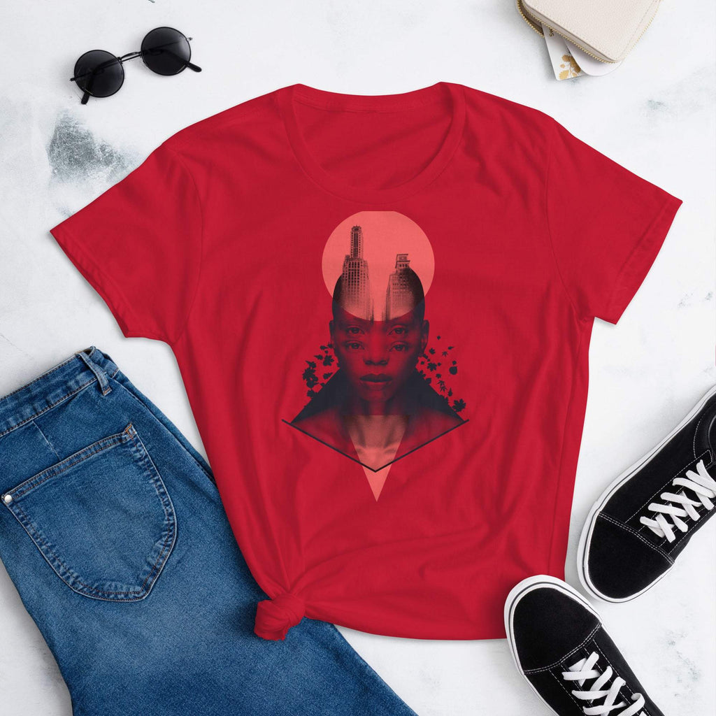 red-womens-tshirt-with-a-black-and-white-image-of-a-black-woman-with-two-sets-of-eyes-behind-two-geometric -circle-triangle-women-clothing-tops-my-beyoutiful-boutique