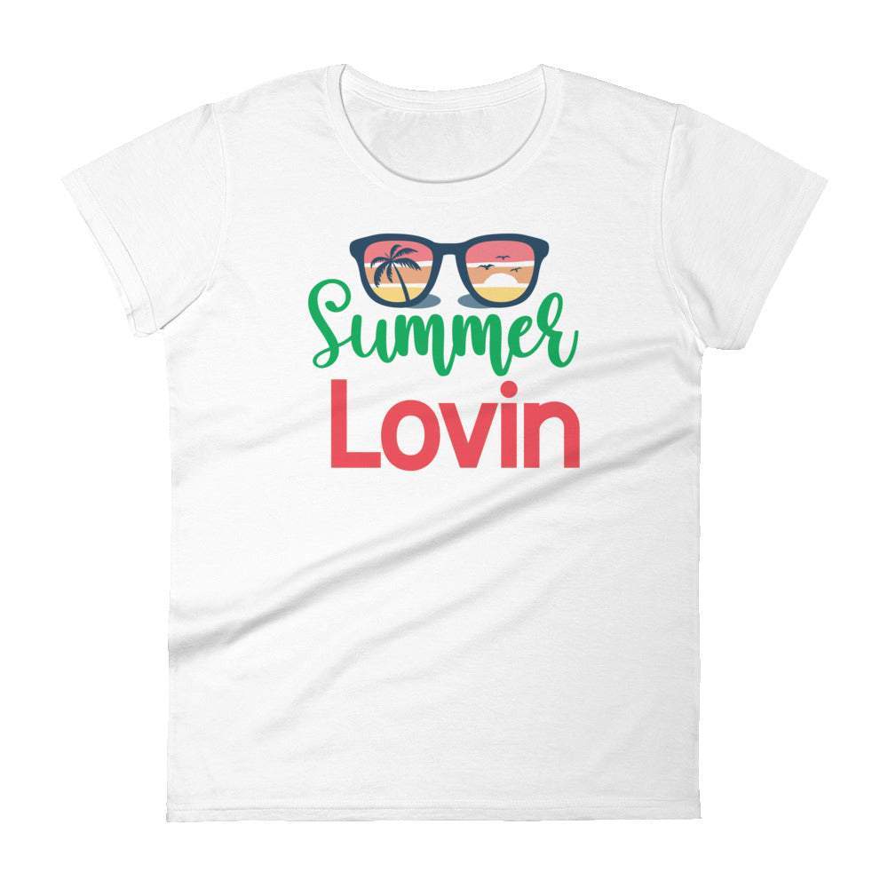 white-summer-lovin-graphic-t-shirt-green-and-red-lettering-with-picture-of-sunglasses-great-for-the-summer-and-beach-woman-fashion-apparel-my-beyoutiful-boutique