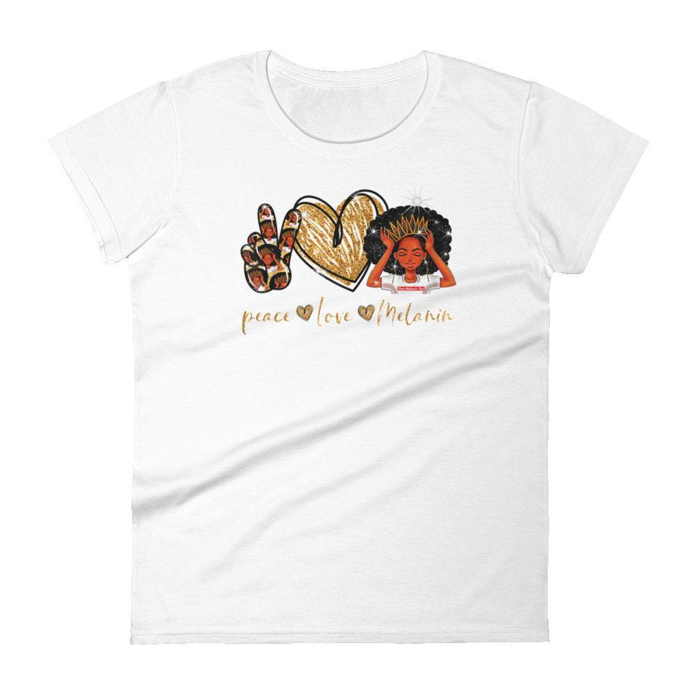 white-love-peace-melanin-womens-graphic-tshirt-with-the-peace-sign-brown-heart-and-a-black-girl-with-a-crown-with-love-peace-melanin-text-under-design-my-beyotuiful-boutique-get-free-shipping