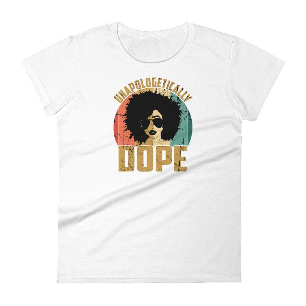 unapologetically-dope-black-women-graphic-tshirt-with-the-design-a-black-women-with-a-afro-with-a-green-and-red-background-gold-letters