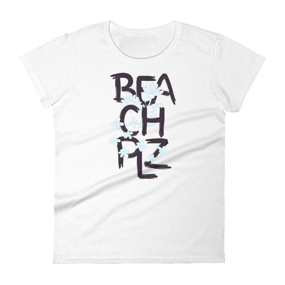 white-womens-summer-tshirt-with-beach-plz-in-black-text-with-light-blue-flowers-between-the-text-fashion-tops-clothing-my-beyoutiful-boutique